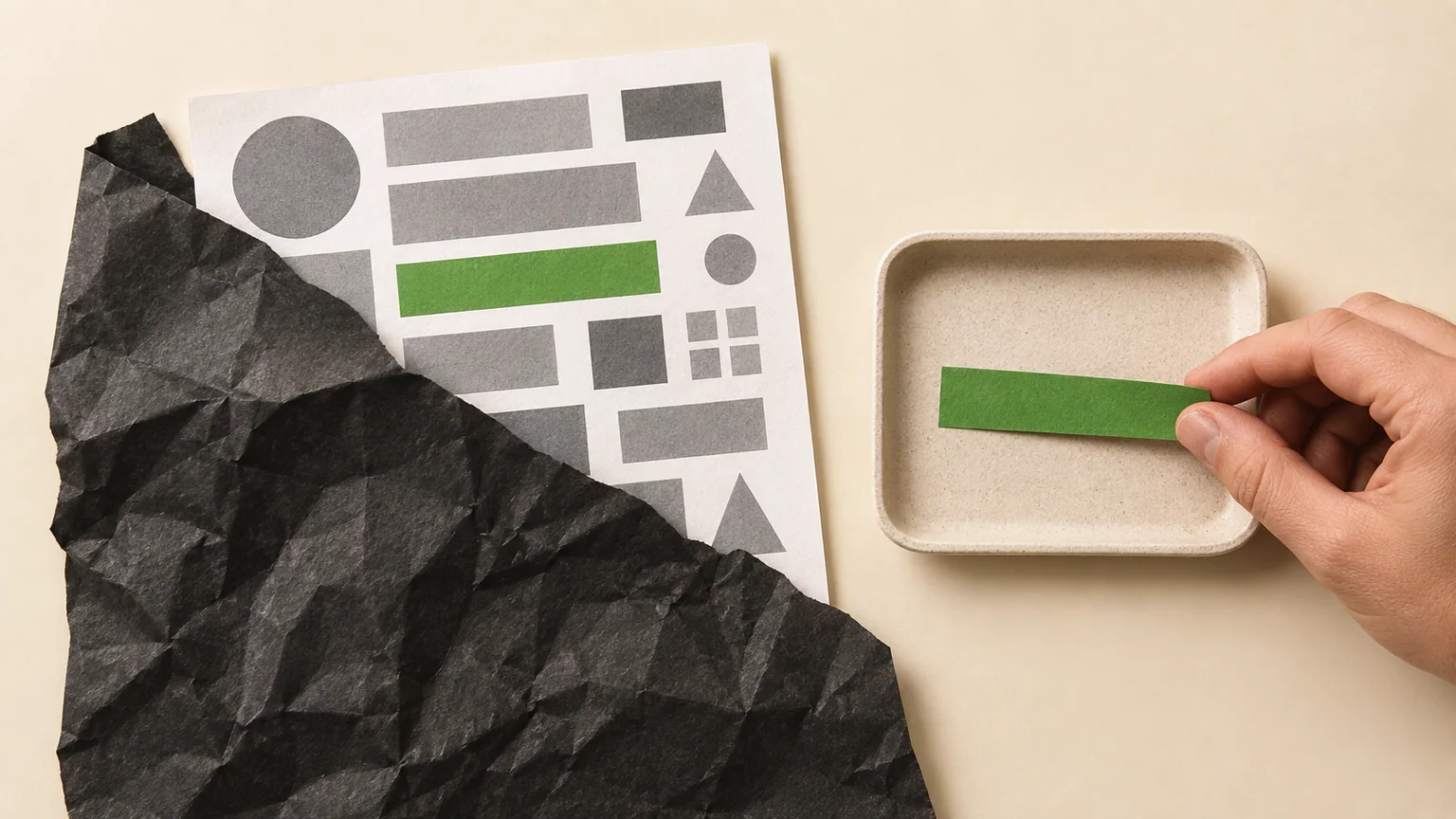 Uma faixa verde é retirada de uma folha de formas abstratas parcialmente coberta por papel escuro.