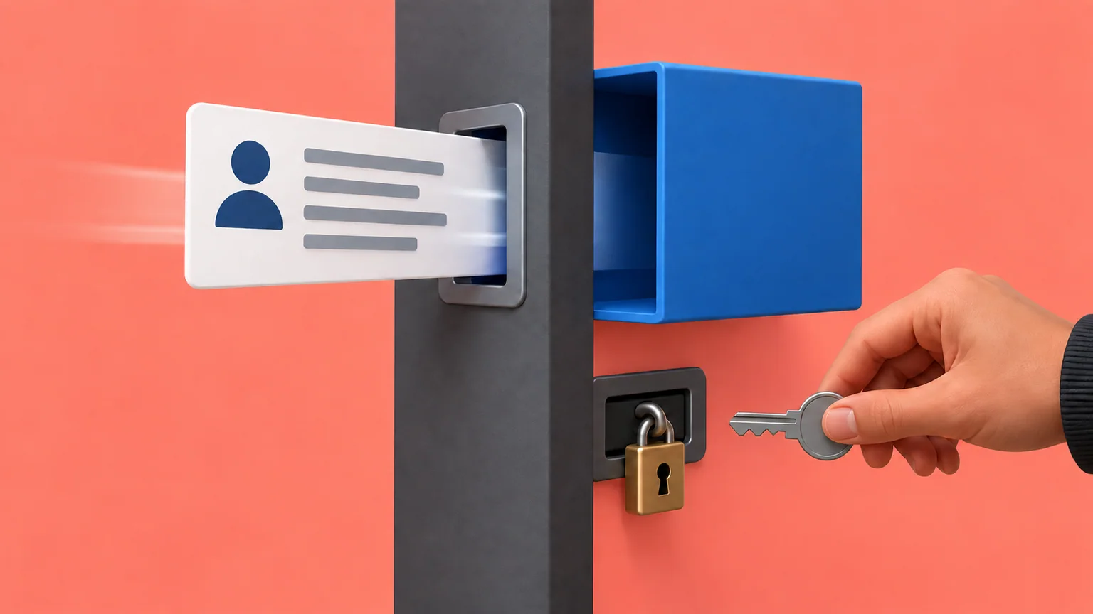 Ficha de informação atravessa uma divisória até uma caixa azul lisa, enquanto uma mão segura a chave de outro acesso.