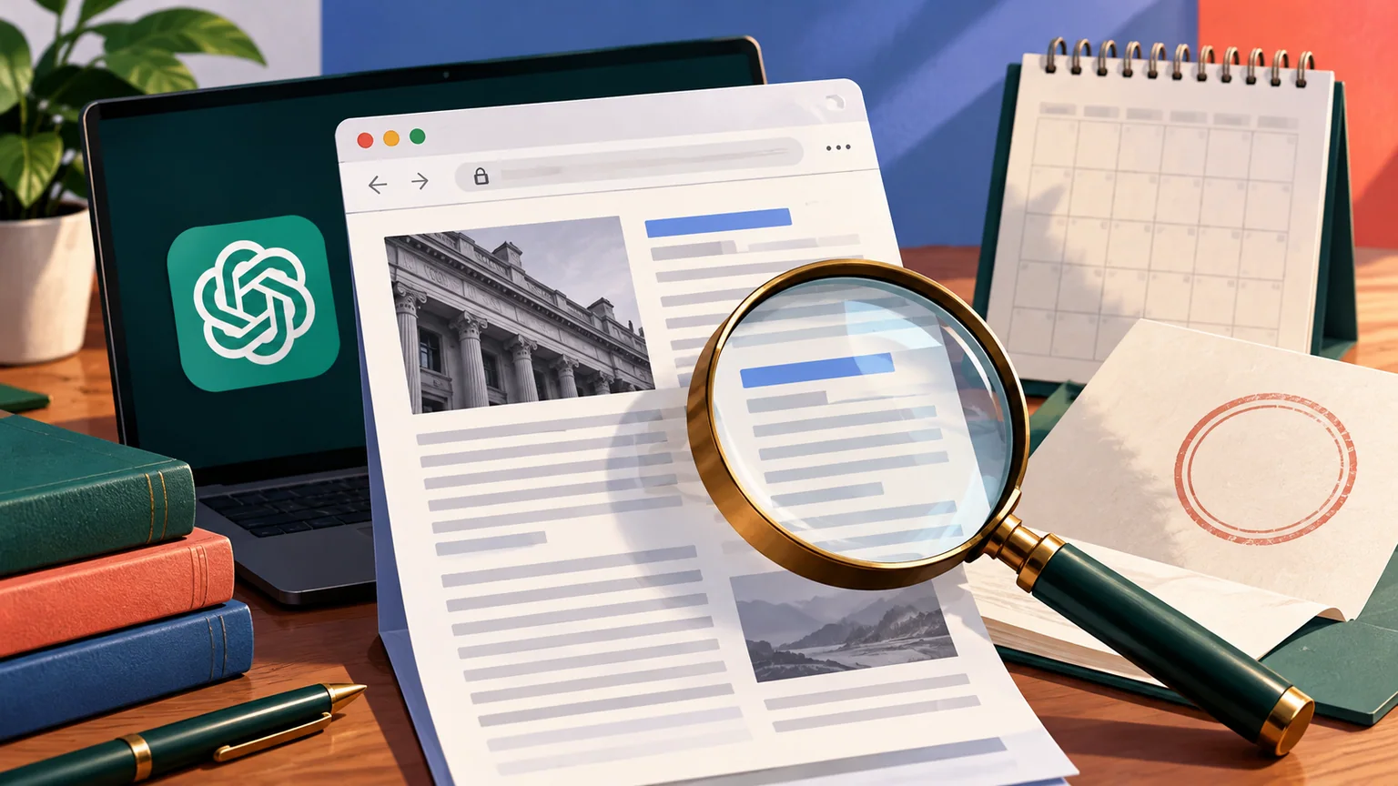 Página ilustrada sob uma lupa, calendário sem datas legíveis e carimbo vazio, com símbolo da OpenAI ao fundo.