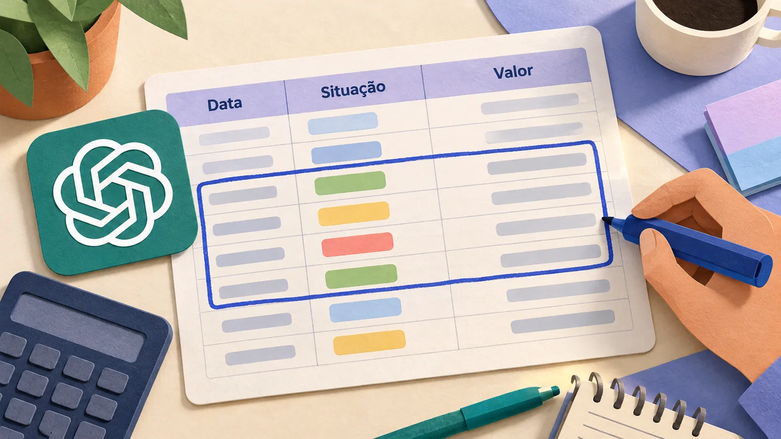 Mão delimita linhas de tabela ilustrada com colunas Data, Situação e Valor, ao lado do símbolo OpenAI.