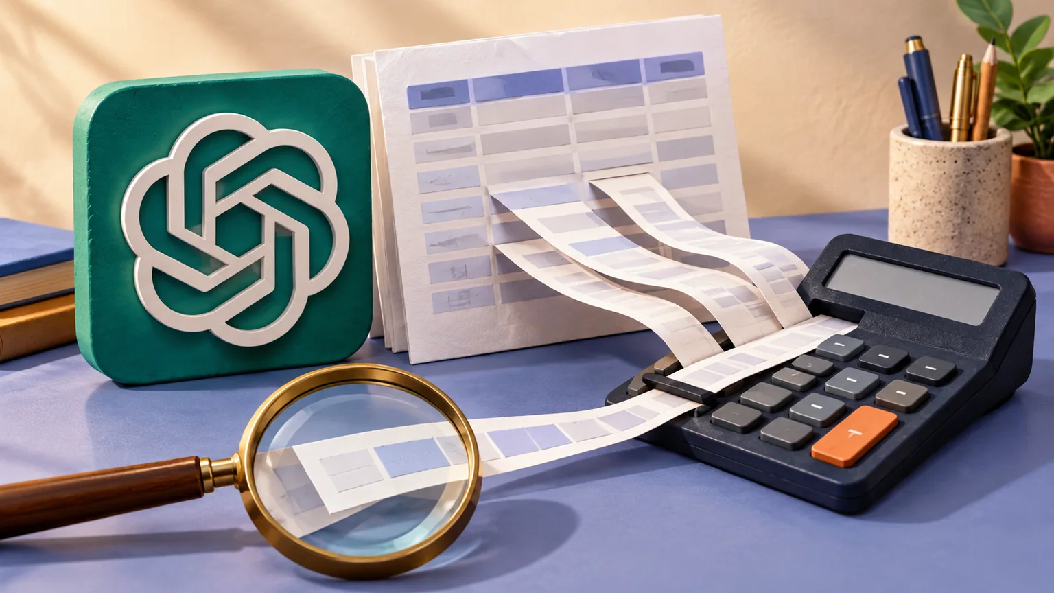 Símbolo OpenAI ao lado de tabela de papel, faixas de linhas, calculadora e lupa em uma linha separada.