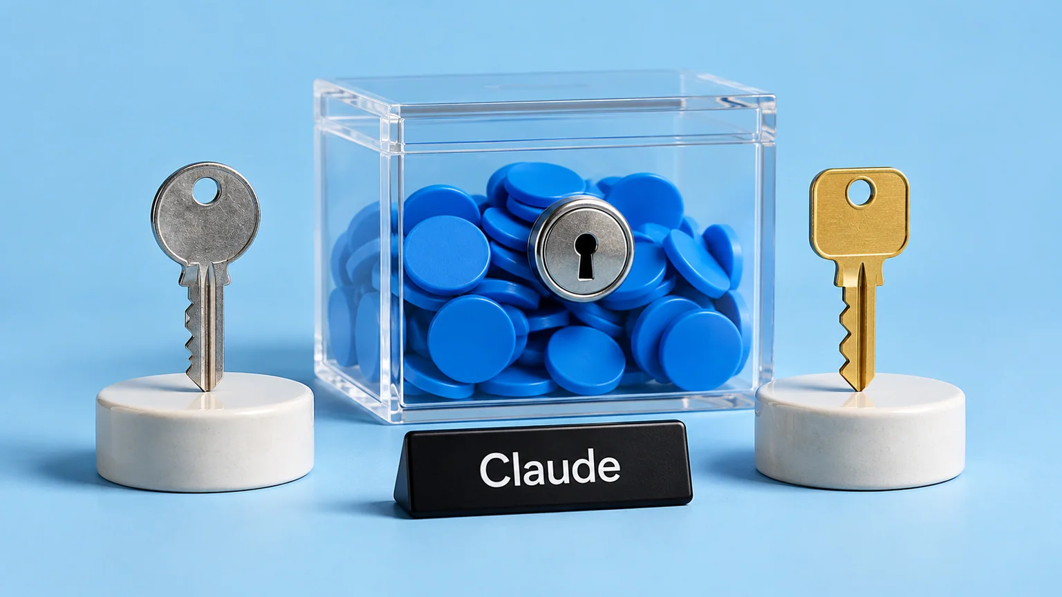 Duas chaves diferentes diante de caixa com fichas azuis e identificação Claude.
