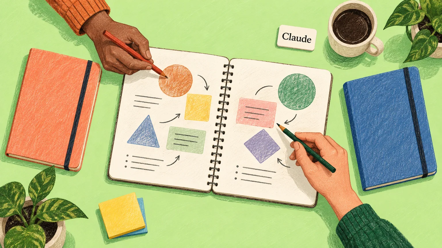 Duas mãos consultam um caderno comum, com cadernos individuais fechados ao lado e identificação Claude.