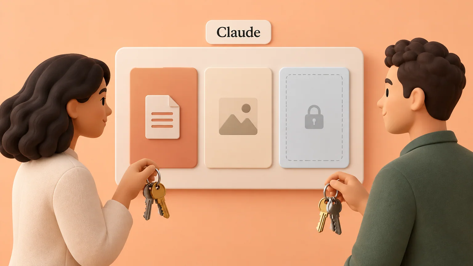 Duas pessoas com chaves diferentes diante de cartões de informação, um deles com cadeado, identificados como Claude.