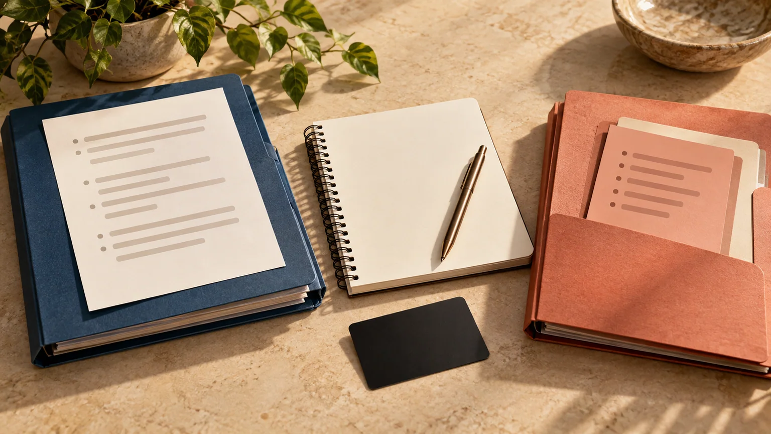 Caderno neutro entre pastas azul e coral, com folhas de orientações representadas por linhas.