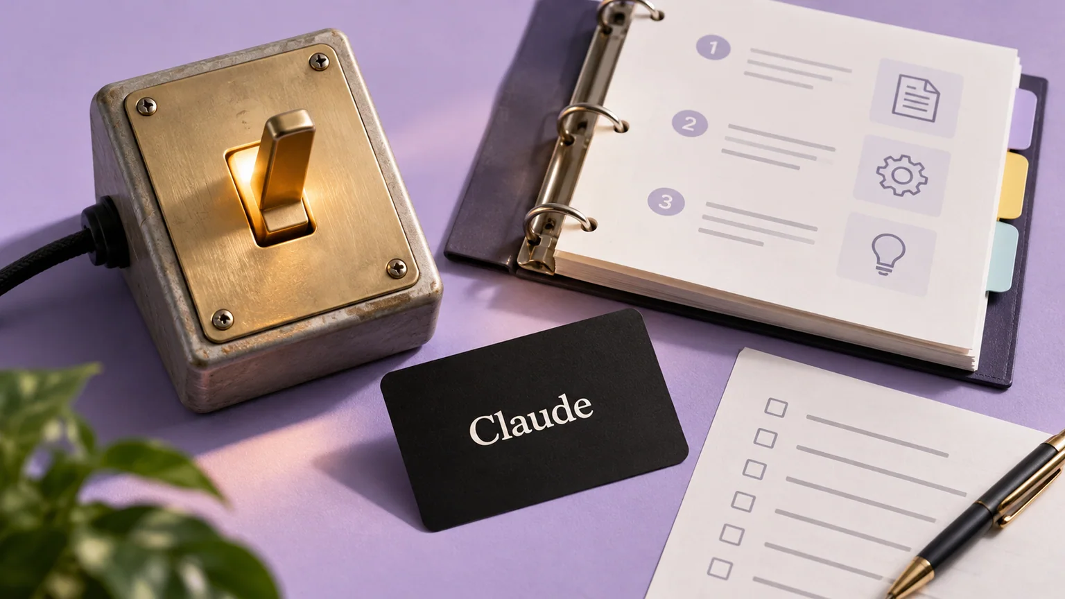 Interruptor aceso ao lado de fichário de instruções e cartão com o nome Claude.