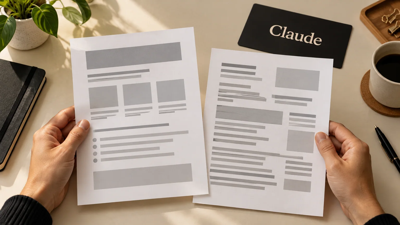 Mãos comparam duas folhas de estruturas diferentes ao lado de cartão com o nome Claude.