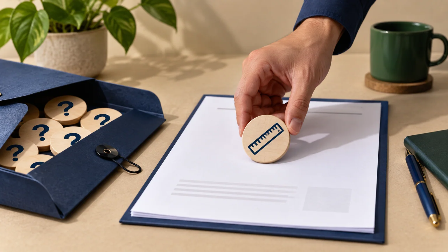 Mão coloca um marcador de medida diante de uma proposta em branco; outras perguntas ficam guardadas em um envelope.