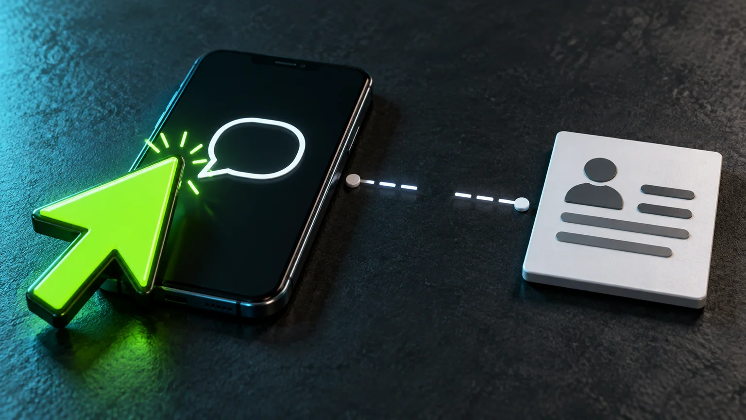 Cursor verde junto a um celular com balão de conversa, separado por uma lacuna de uma ficha de cadastro.