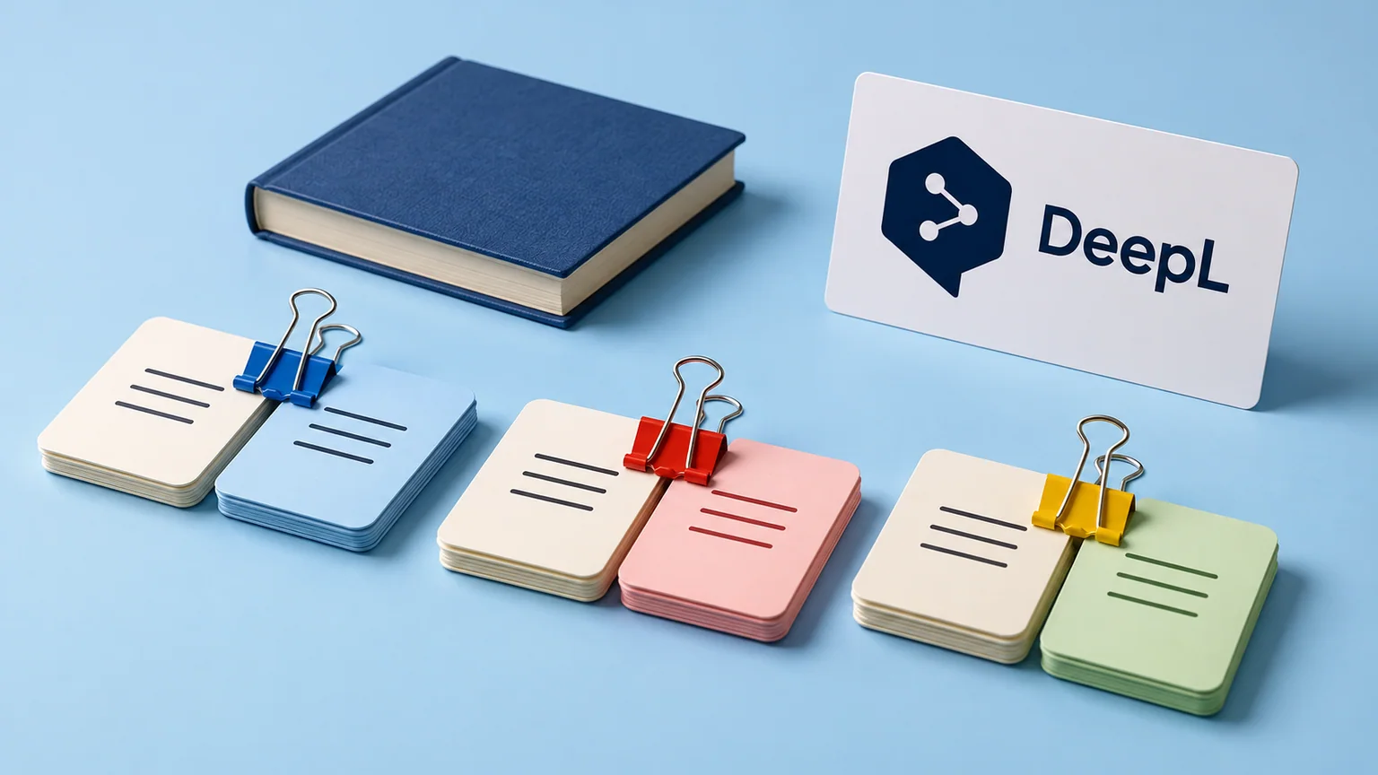 Pares de cartões em branco organizados por clipes coloridos ao lado de livro e marca DeepL.