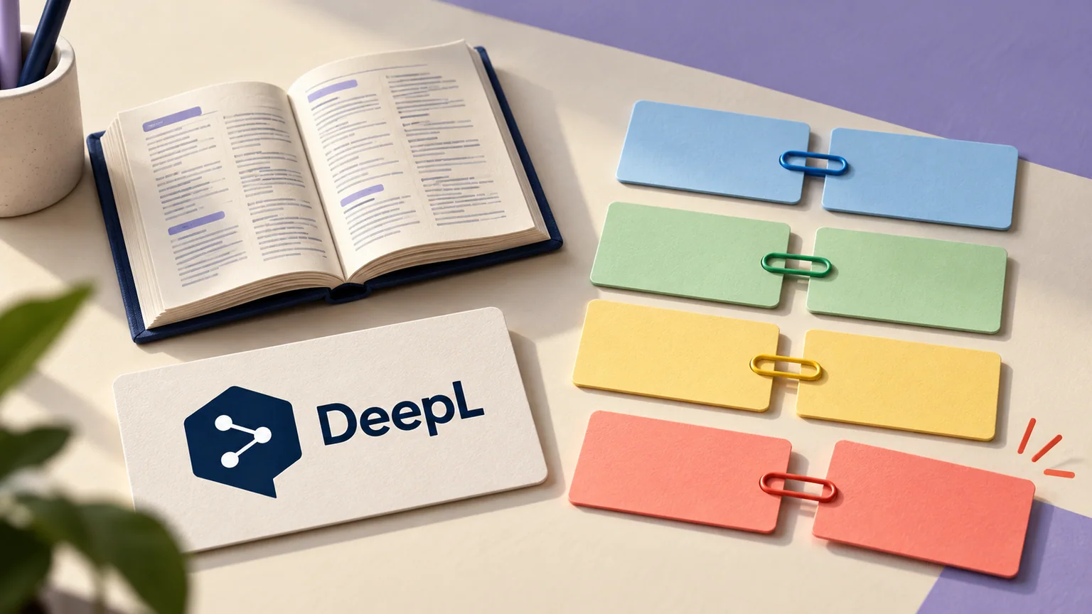 Livro aberto e cartões de termos reunidos por clipes coloridos, com um cartão coral desalinhado e marca DeepL.