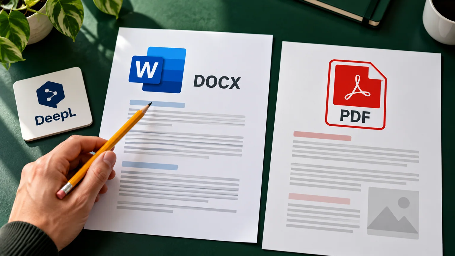 Mão com lápis aponta um documento DOCX ao lado de um PDF e da identificação DeepL.