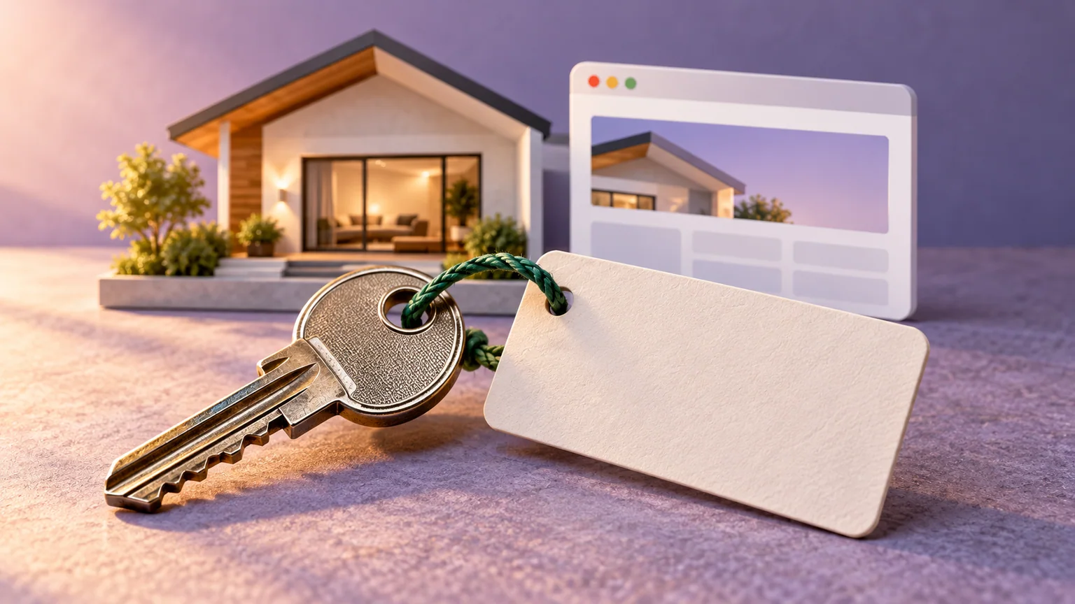 Chave com etiqueta branca diante de uma casa em miniatura e de uma representação de página de site.