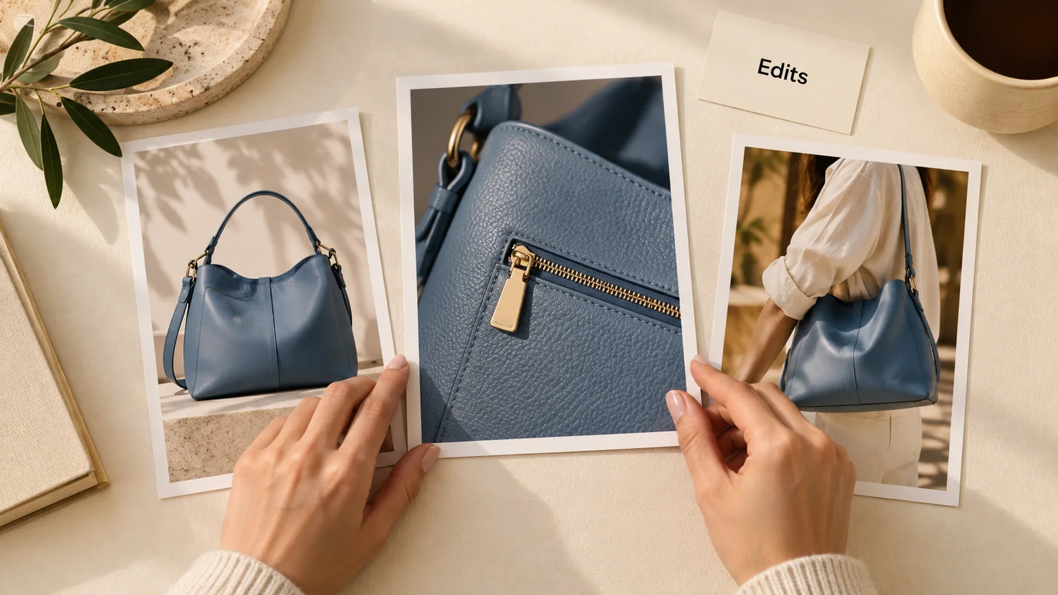 Mãos ordenam fotos de uma bolsa azul, do bolso e da peça em uso, ao lado de cartão Edits.