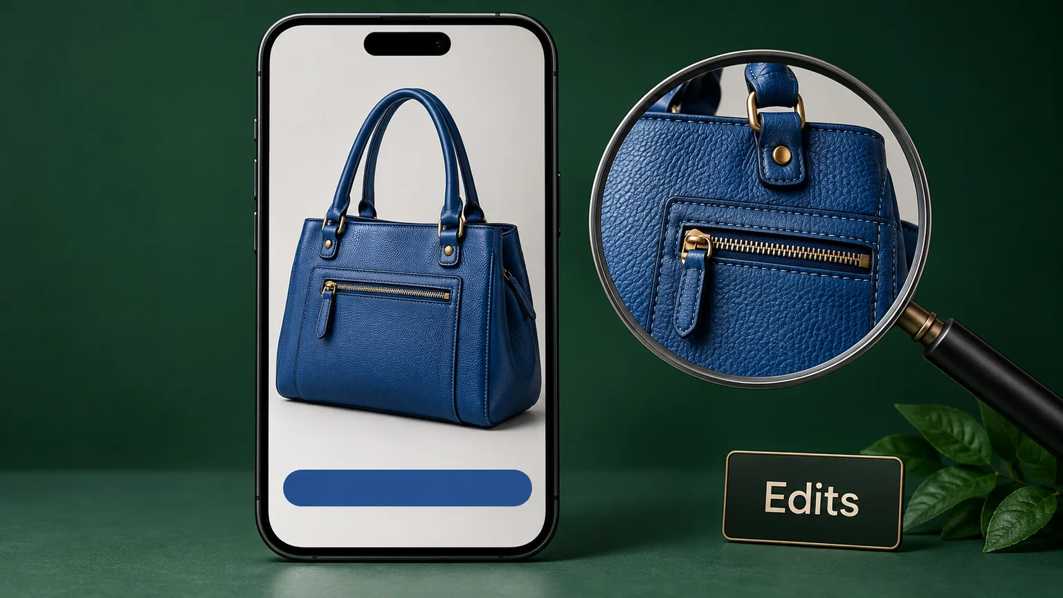 Celular mostra bolsa azul enquanto uma lupa destaca seu acabamento, com identificação Edits.