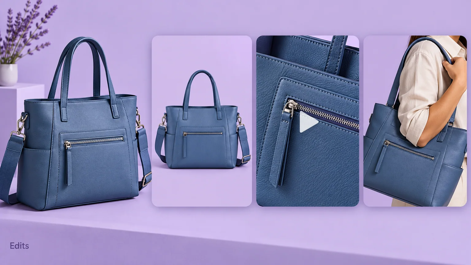 Bolsa azul ao lado de sequência com foto inteira, detalhe do bolso e demonstração de uso, identificada como Edits.