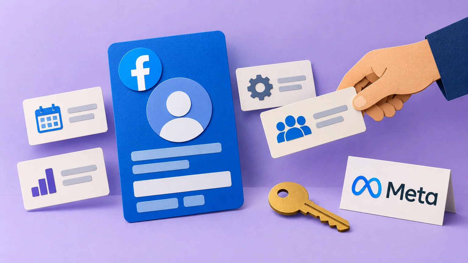 Mão de papel entrega cartão de tarefa ao lado de Página ilustrada do Facebook, chave e marca Meta.