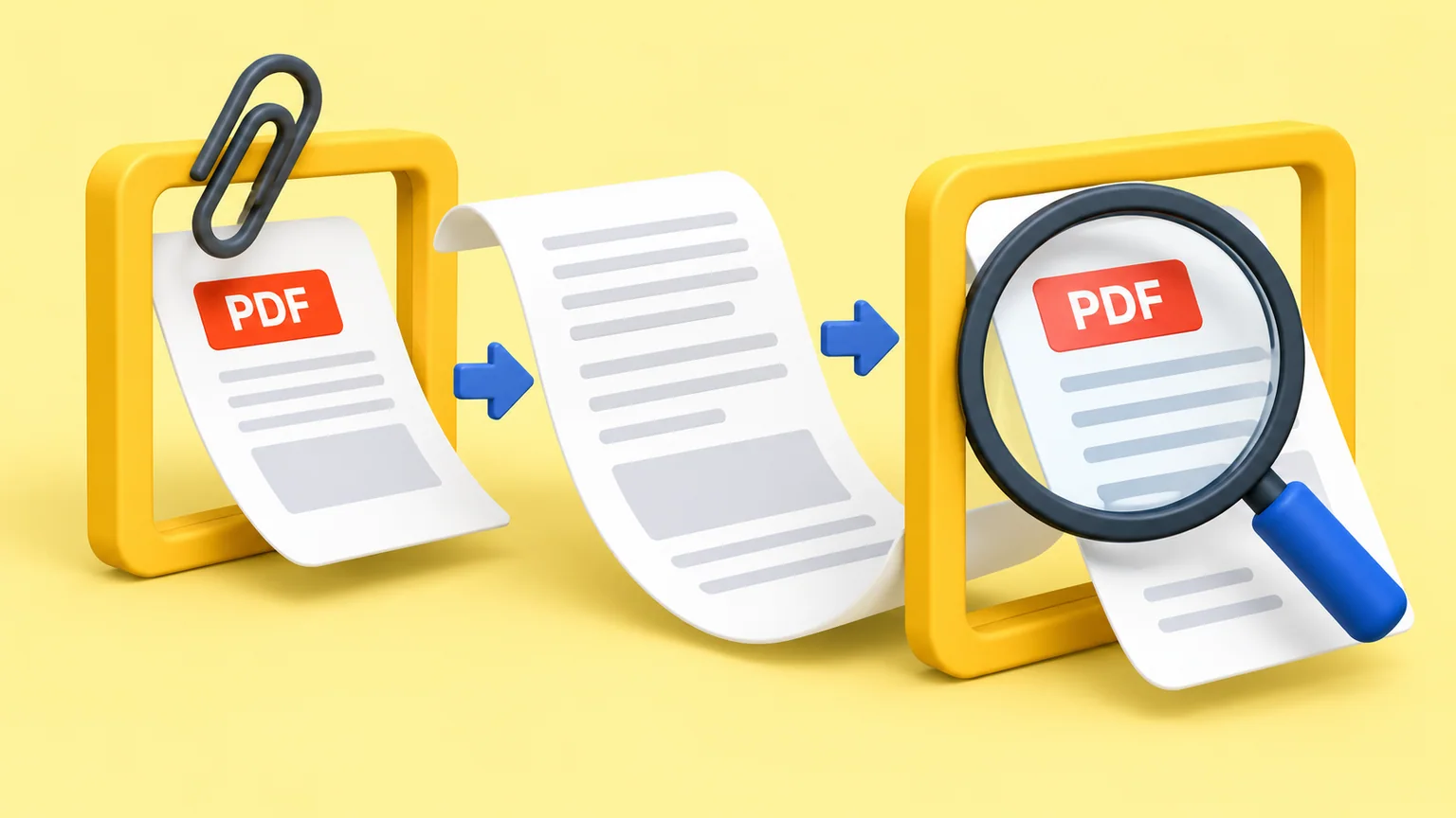 Documento PDF passa por uma moldura com clipe e outra com lupa, em ilustração de seleção e conferência.
