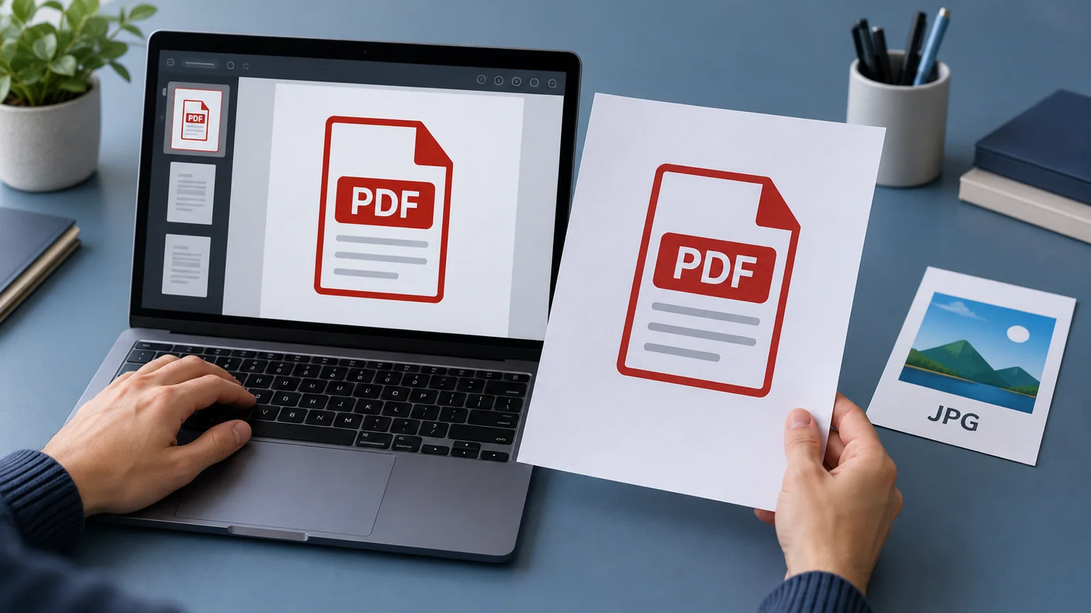 Pessoa compara um PDF ilustrado no laptop com uma folha impressa; um cartão JPG aparece ao lado.