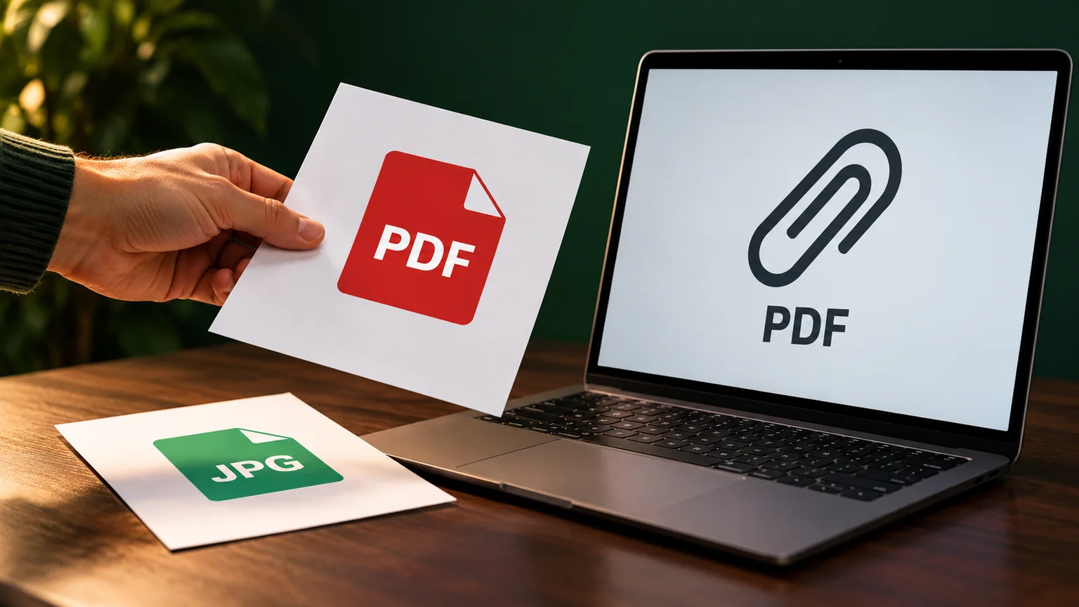 Mão apresenta uma folha PDF a um laptop com símbolo de anexo; uma folha JPG está sobre a mesa.