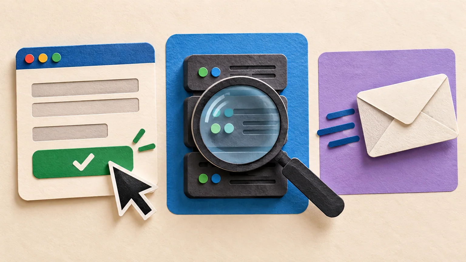 Colagem de formulário com cursor, servidor sob uma lupa e envelope em três cartões separados.