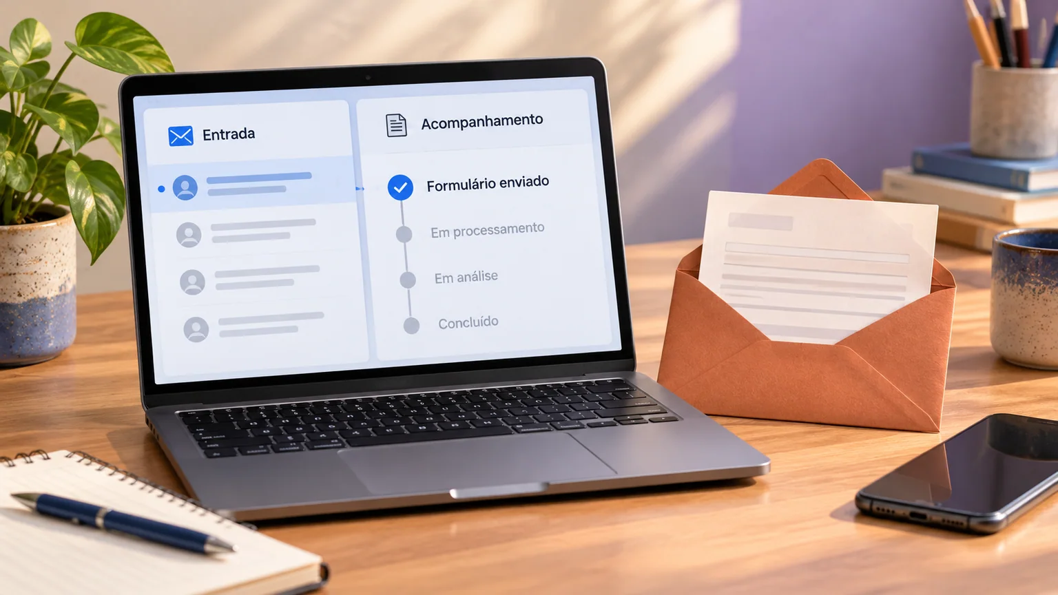 Tela fictícia de entrada e acompanhamento de formulário, com envelope aberto, caderno e telefone sobre a mesa.