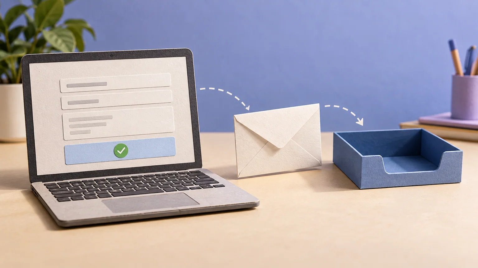 Notebook com formulário de papel e visto verde, envelope entre a tela e uma bandeja de entrada vazia.