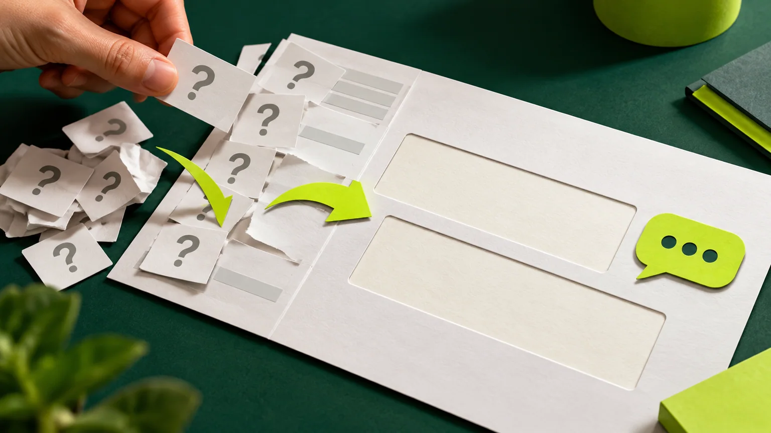 Uma mão retira cartões com pontos de interrogação de uma composição de formulário, com setas e um balão de conversa verdes.