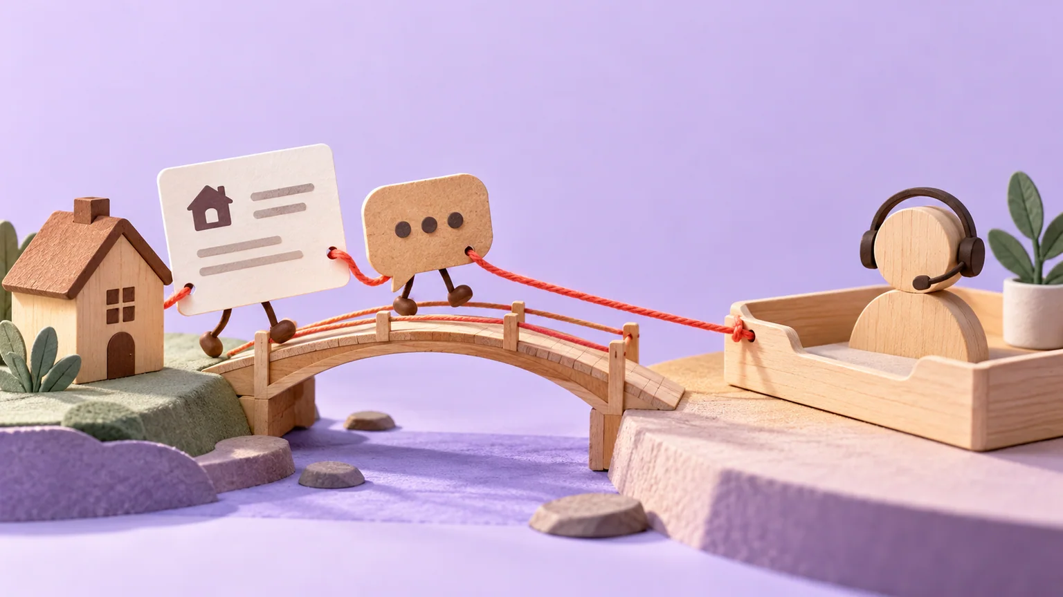 Um cartão de formulário e um balão de conversa atravessam uma ponte em miniatura até um atendente de madeira com headset.