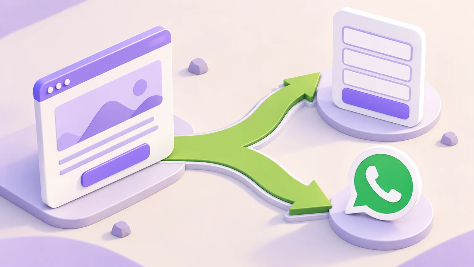 Uma página de site ilustrada se liga por uma seta bifurcada a um formulário e ao símbolo verde do WhatsApp.