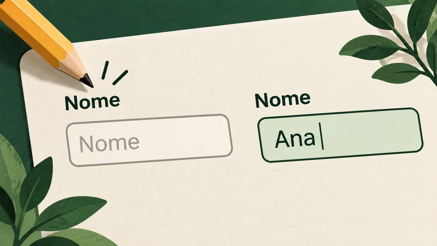 Ilustração de campo vazio com dica Nome e campo preenchido com Ana; os rótulos permanecem acima das caixas.