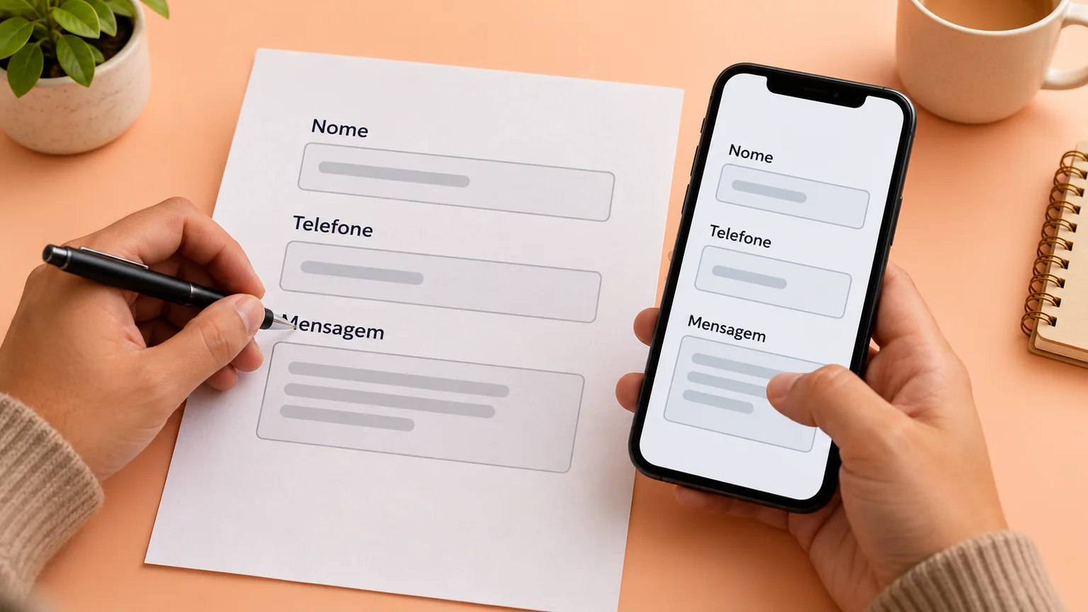 Mãos comparam formulário ilustrativo em papel e celular, com campos Nome, Telefone e Mensagem.
