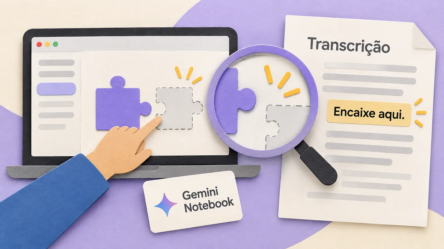 Mão aponta encaixe em ilustração de vídeo; lupa destaca o detalhe ao lado da transcrição Encaixe aqui.