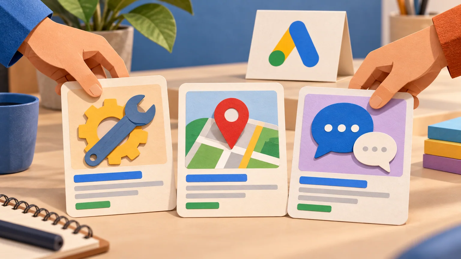 Mãos de papel organizam três cartões de anúncio com serviço, localização e conversa, diante da marca Google Ads.