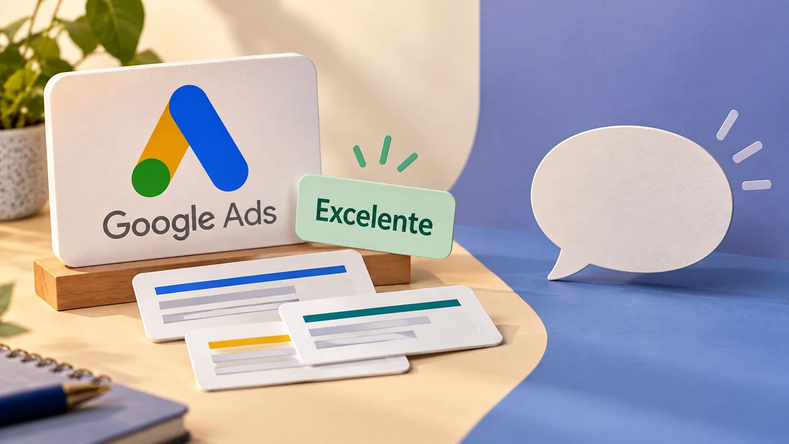 Placa Google Ads com etiqueta Excelente e cartões de textos, separados de um balão de conversa vazio.