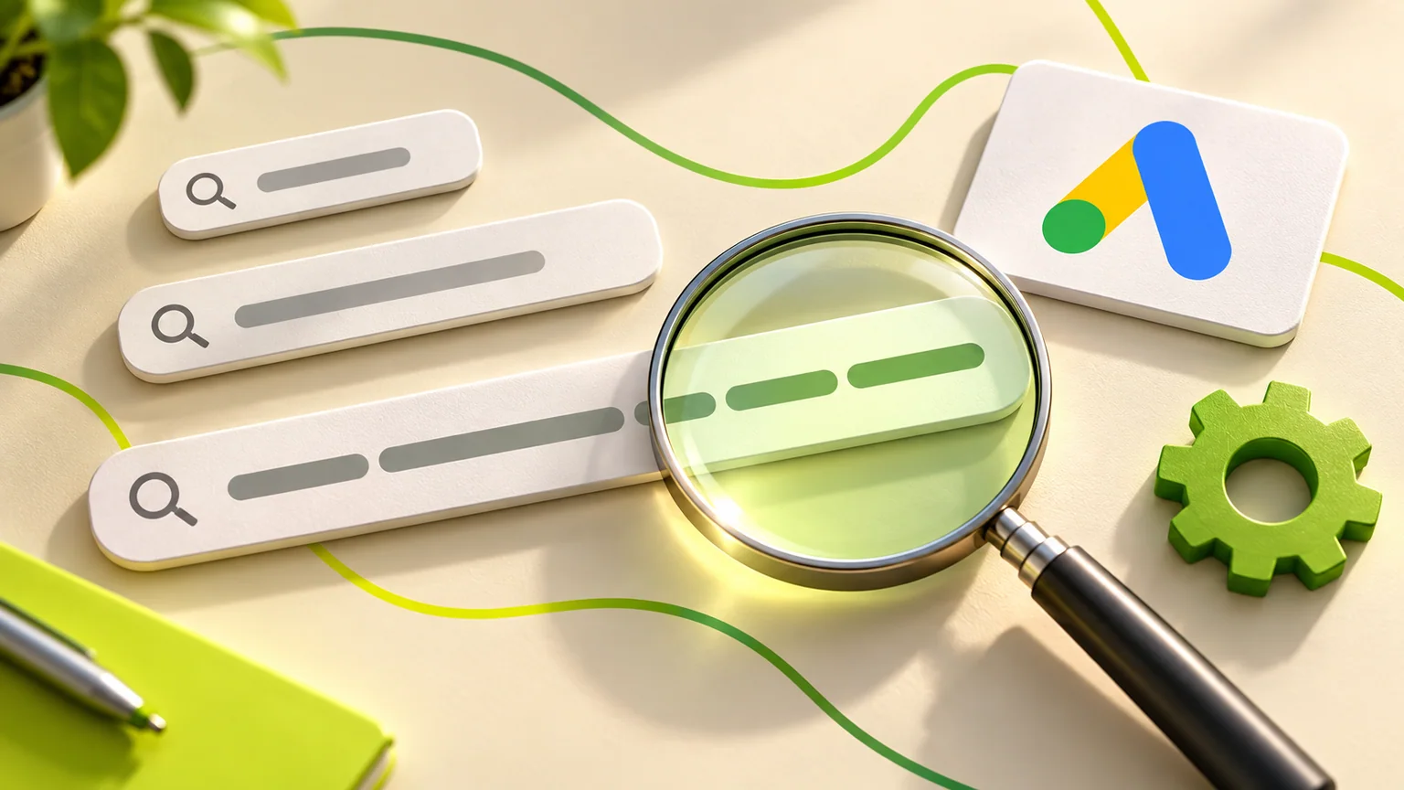 Três tiras ilustrativas de pesquisa, lupa sobre a mais longa, engrenagem verde e cartão Google Ads.