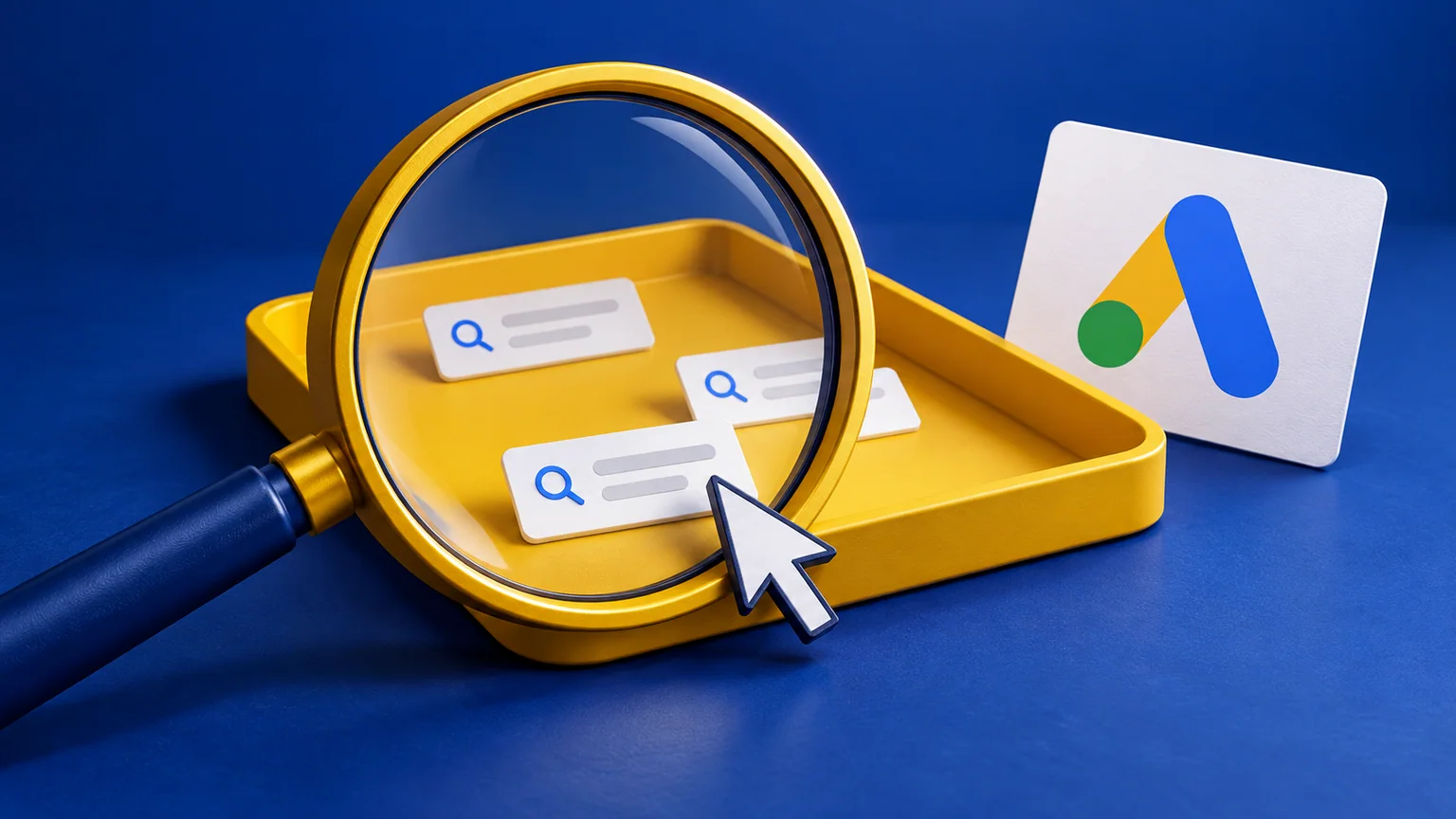 Lupa grande sobre bandeja amarela com poucas fichas de pesquisa, cursor e cartão Google Ads.