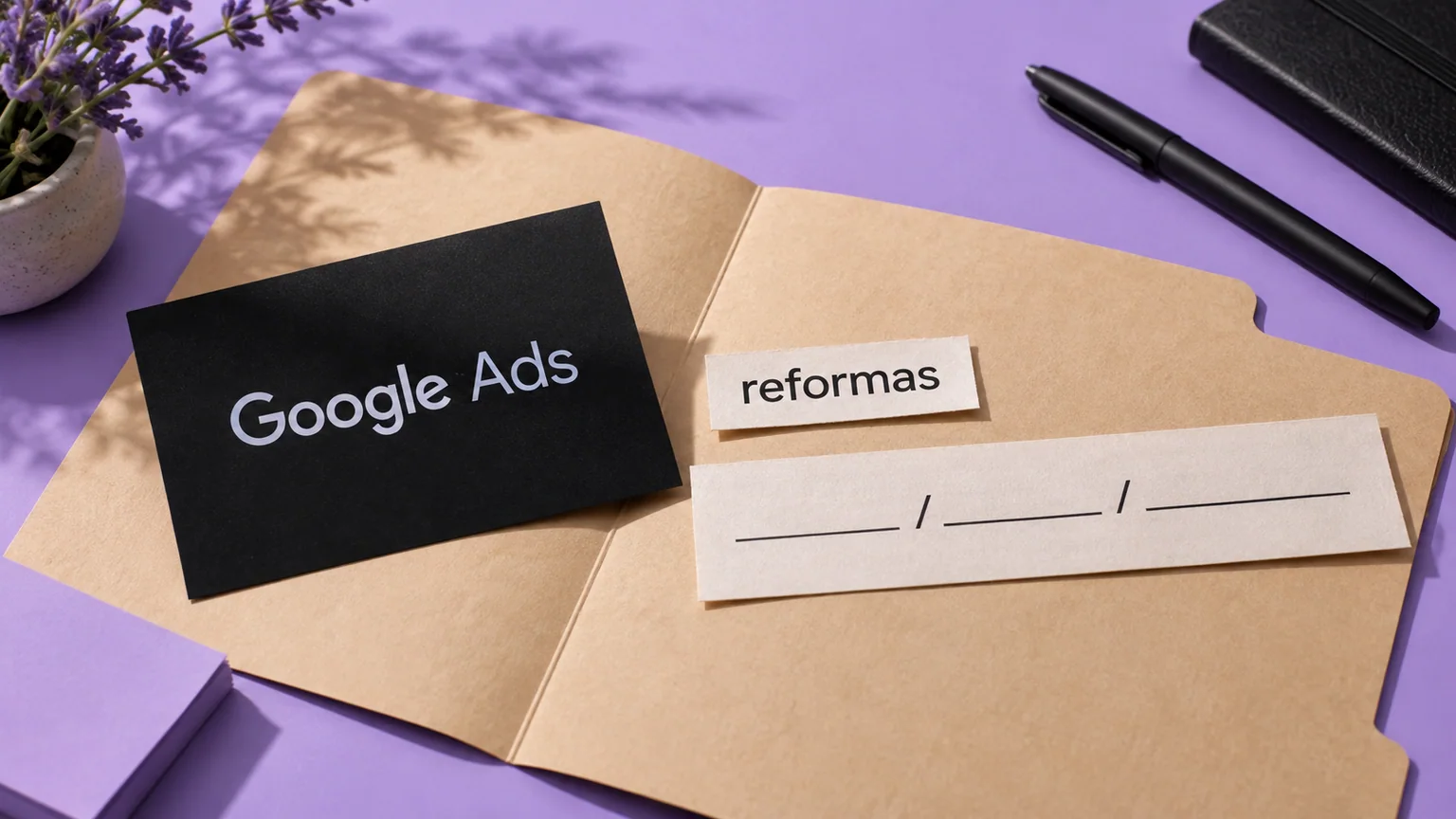 Tira curta com a palavra reformas e tira longa com linhas de endereço sobre pasta, ao lado de cartão Google Ads.