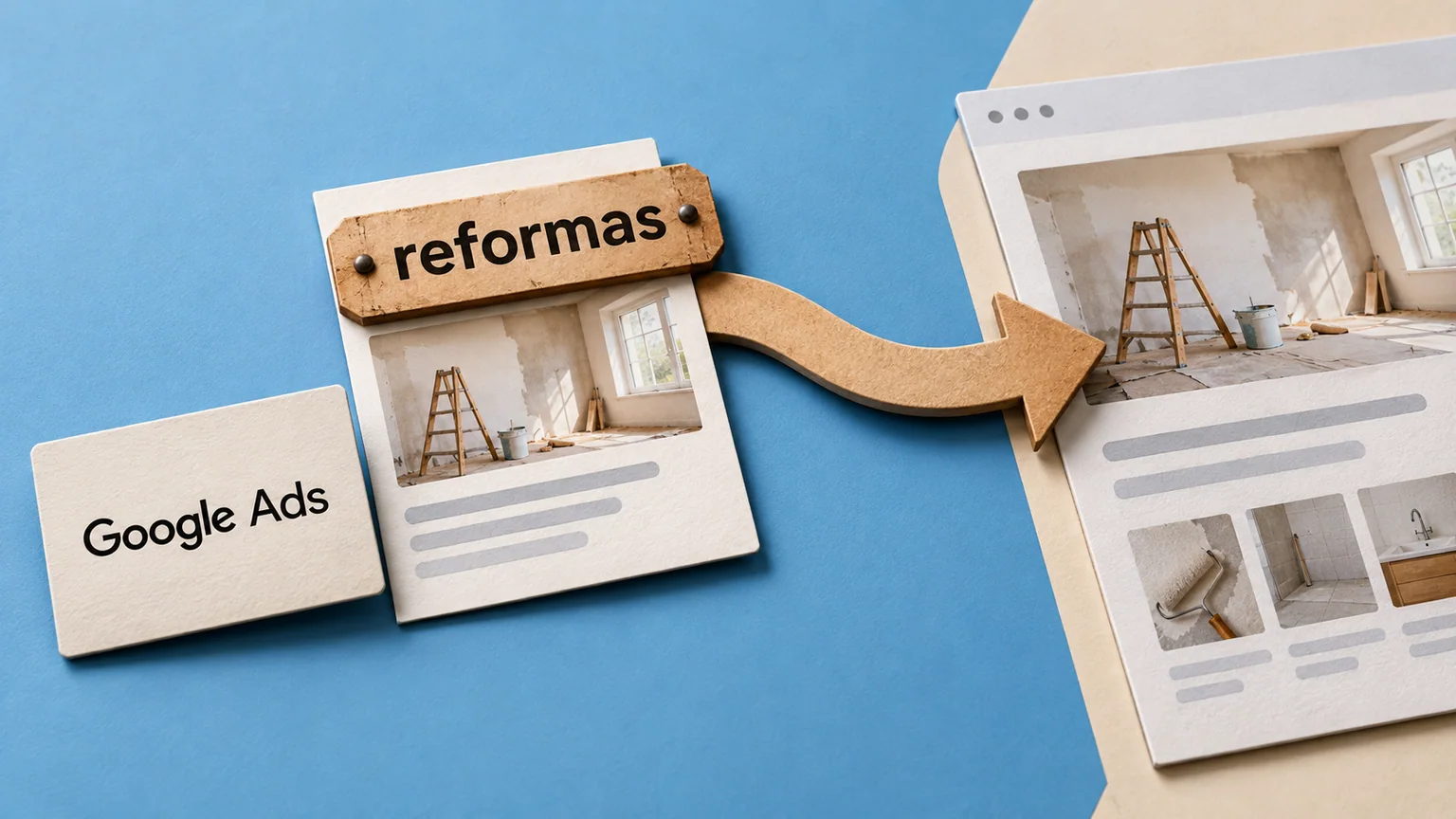 Placa com a palavra reformas sobre anúncio de papel, com seta para uma página ilustrativa e cartão Google Ads.
