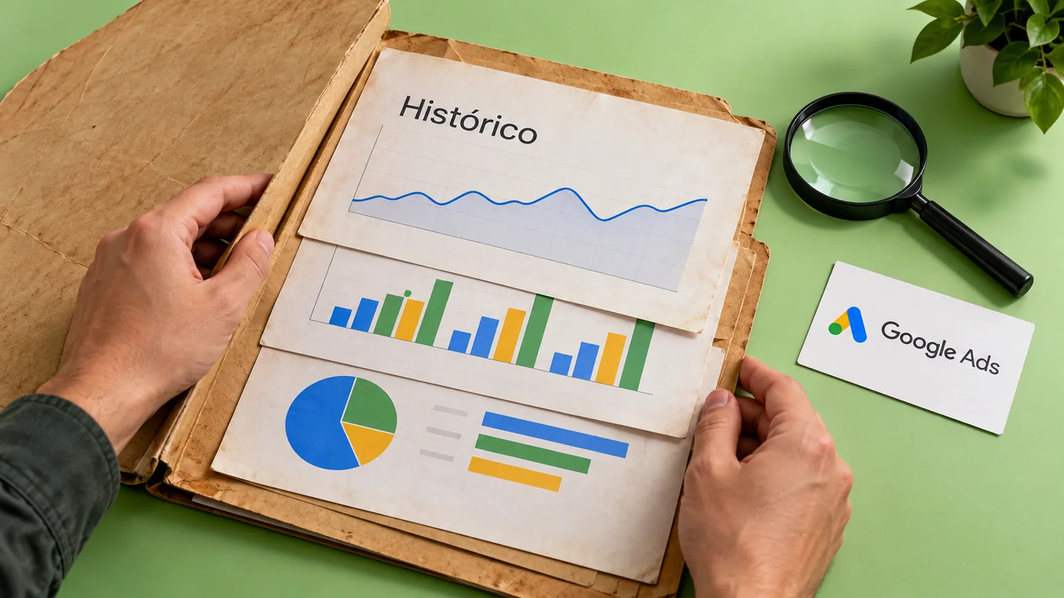 Mãos abrem uma pasta de histórico com gráficos simbólicos sem números e identificação Google Ads.