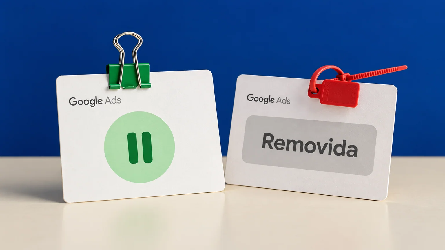 Cartões Google Ads com símbolo de pausa e palavra Removida, presos por clipe e lacre distintos.