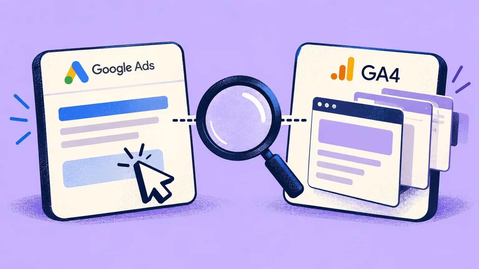 Lupa entre cartão Google Ads com cursor e cartão GA4 com sequência de páginas, sem contagens.