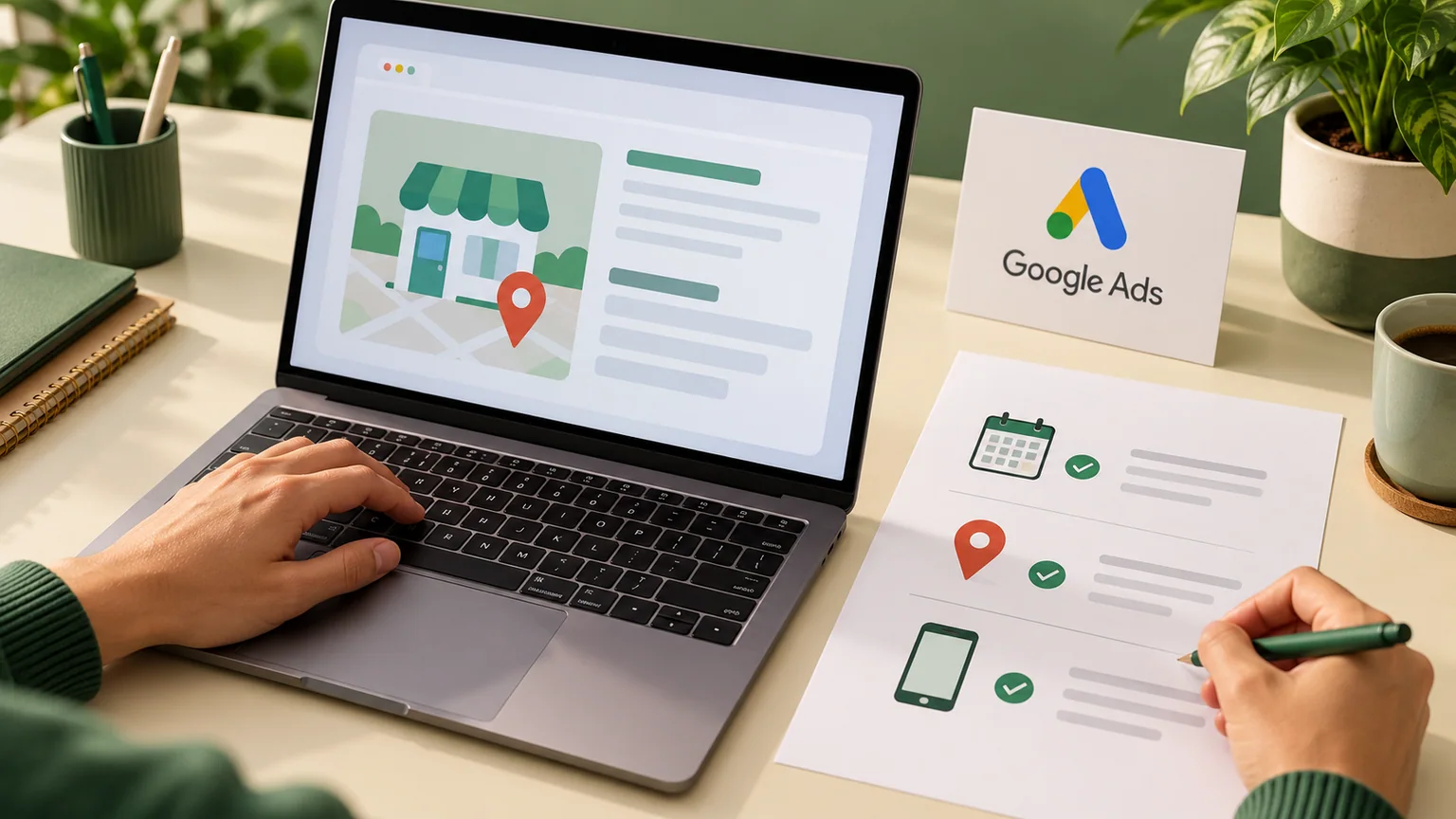 Pessoa confere página ilustrativa em laptop e lista com ícones de calendário, endereço e celular.