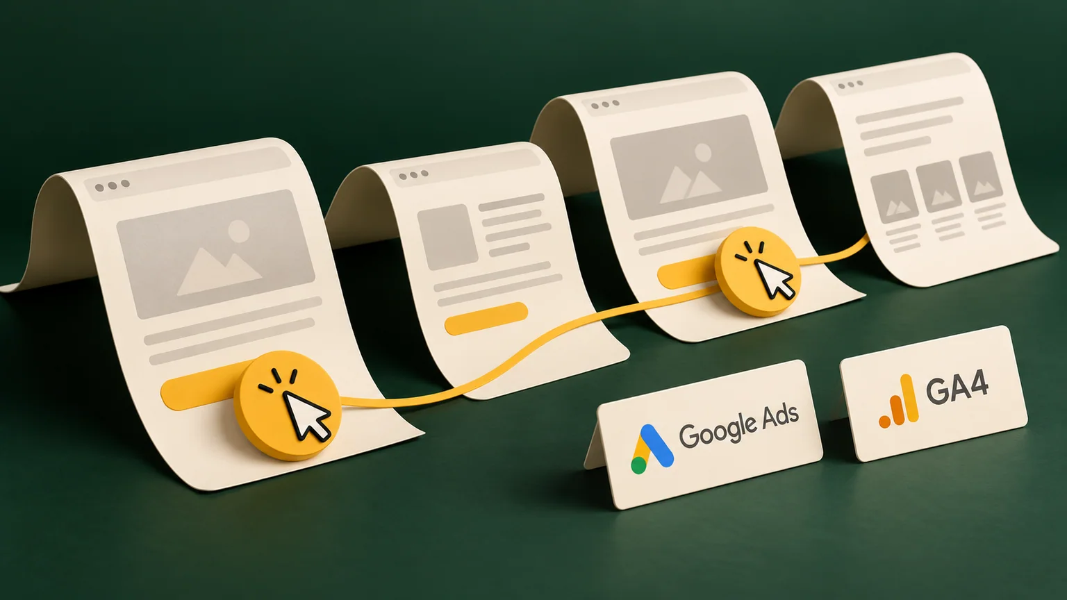 Dois símbolos de clique acompanham uma trilha contínua de páginas, junto às identificações Google Ads e GA4.