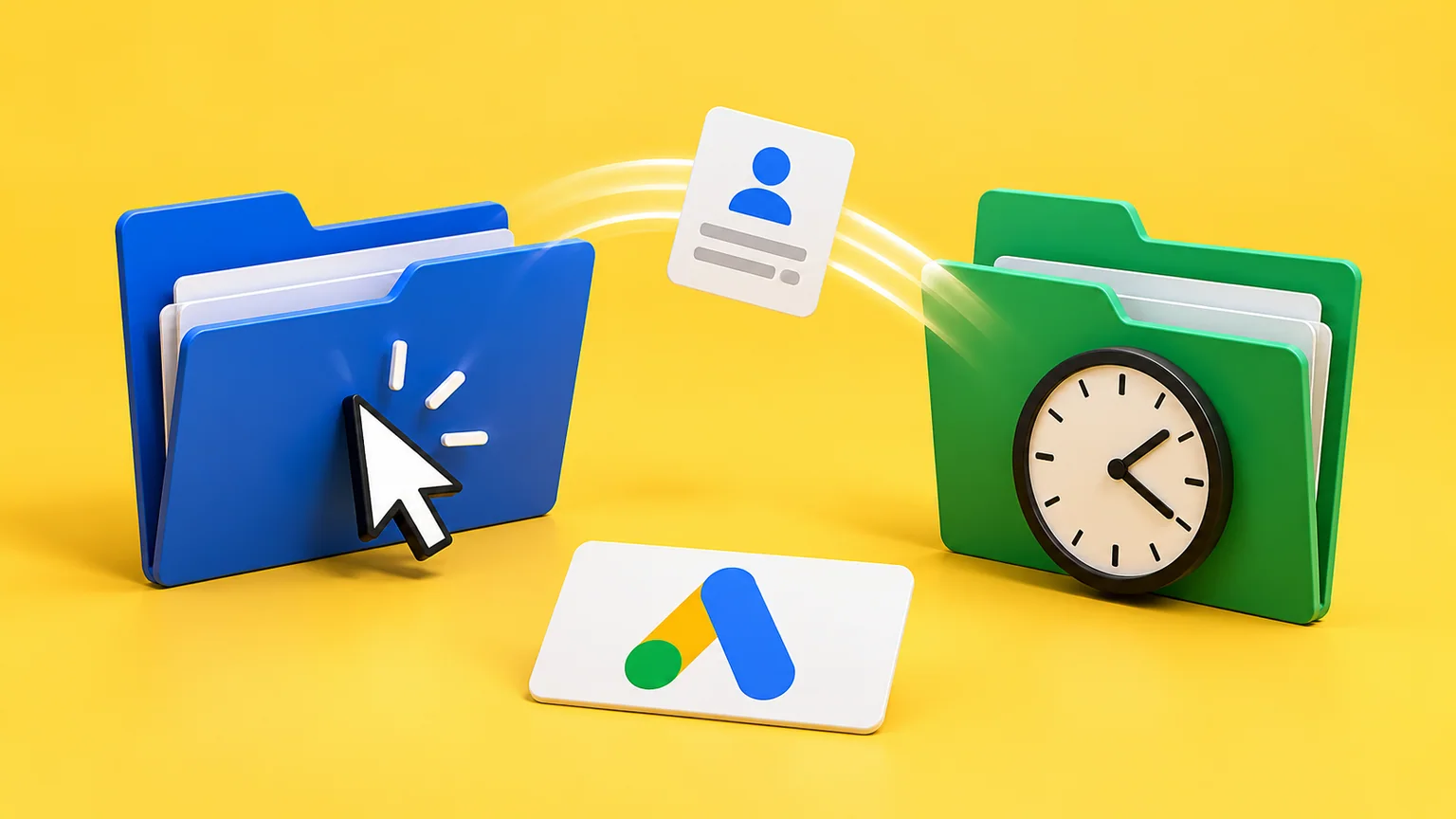 Duas pastas com símbolos de cursor e relógio e uma ficha de contato entre elas, ao lado da marca Google Ads.
