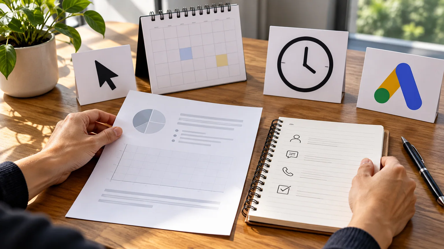 Mãos comparam relatório fictício e ficha de contato ao lado de calendário e cartão Google Ads.