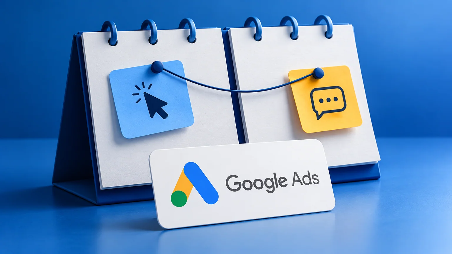 Dois calendários sem datas com símbolos de clique e contato, ligados por cordão ao lado da marca Google Ads.