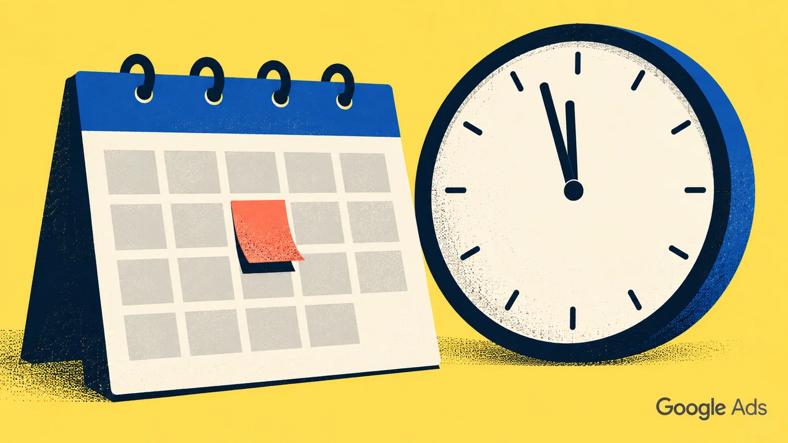 Calendário com uma data destacada e relógio perto da meia-noite, em ilustração do Google Ads.