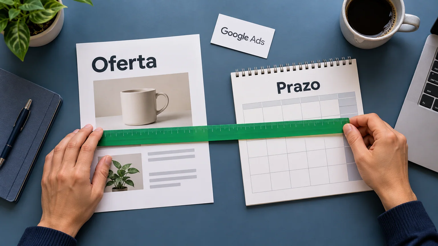 Mãos com régua conferem uma folha de oferta e um calendário de prazo ao lado da identificação Google Ads.