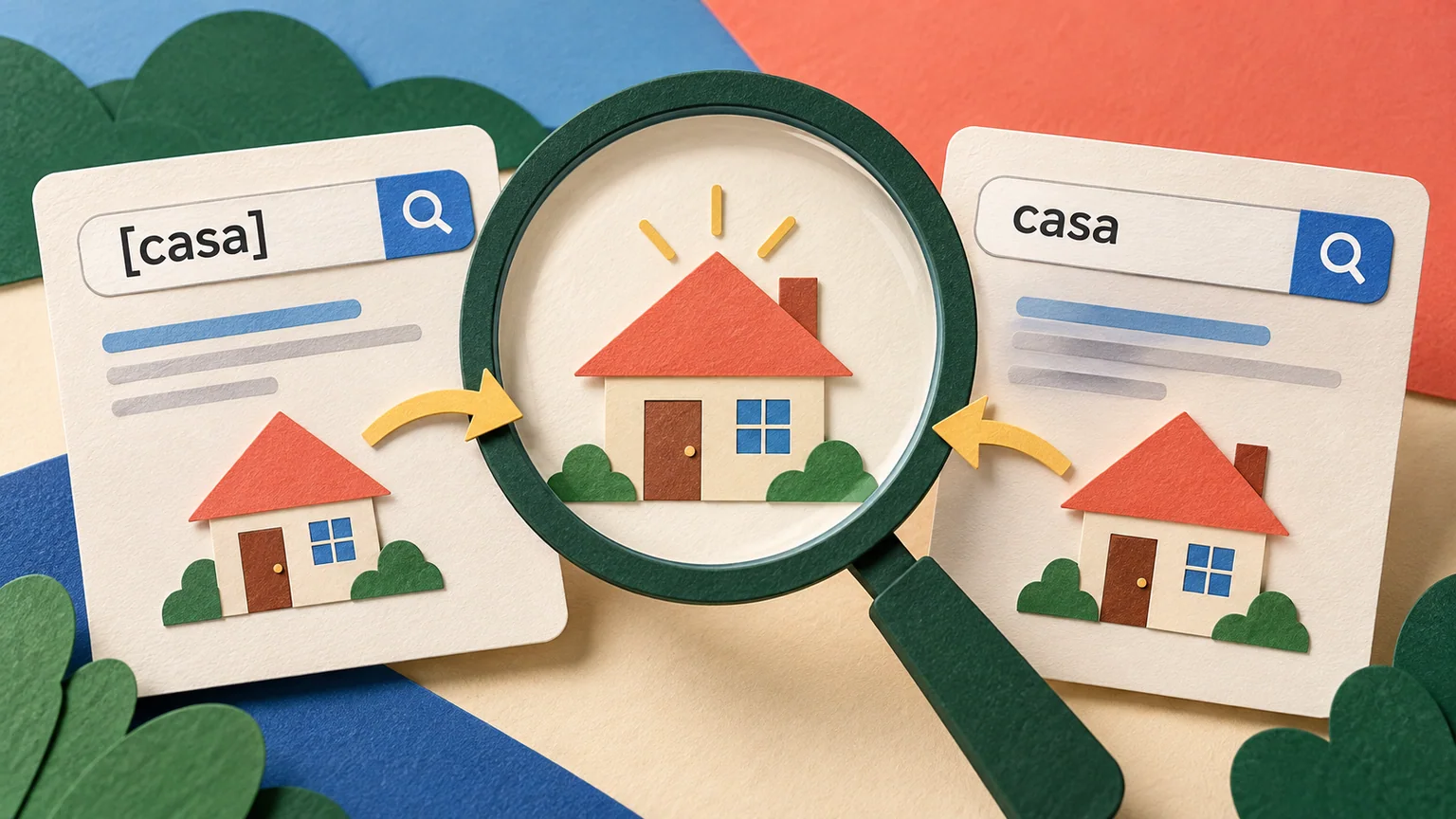 Cartões com a palavra casa, um entre colchetes, e casas de papel reunidas sob uma lupa.